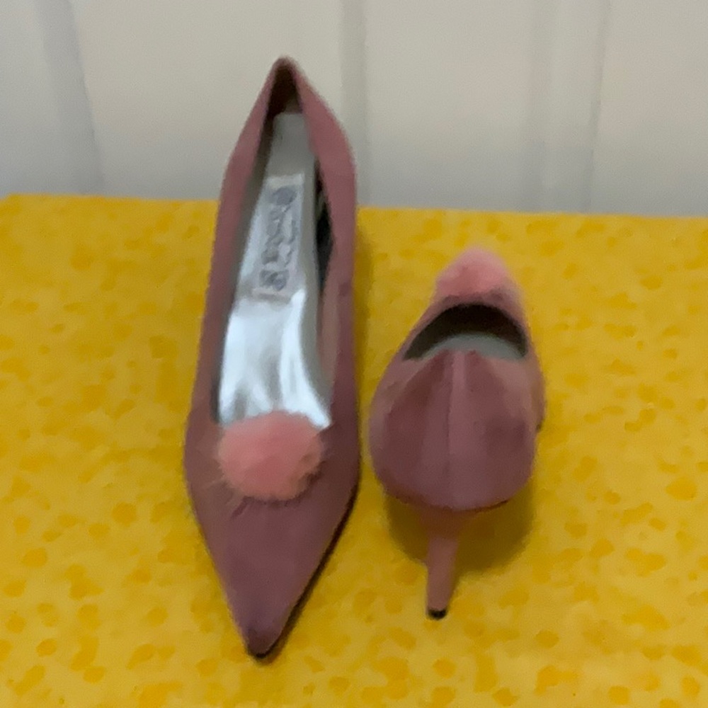 Pink Suede Heels with Pom Pom